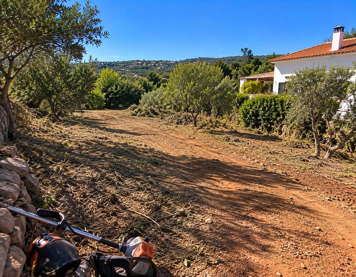 Caminho rural algarvio com casa e ferramentas de limpeza