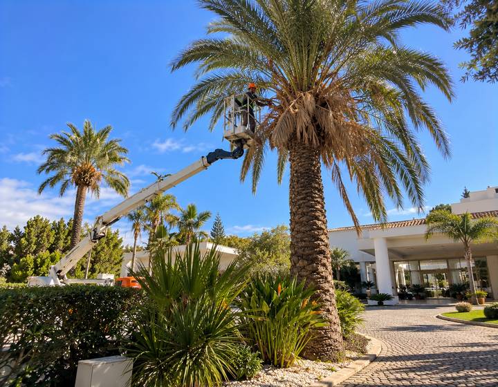 Manutenção de palmeira num resort algarvio