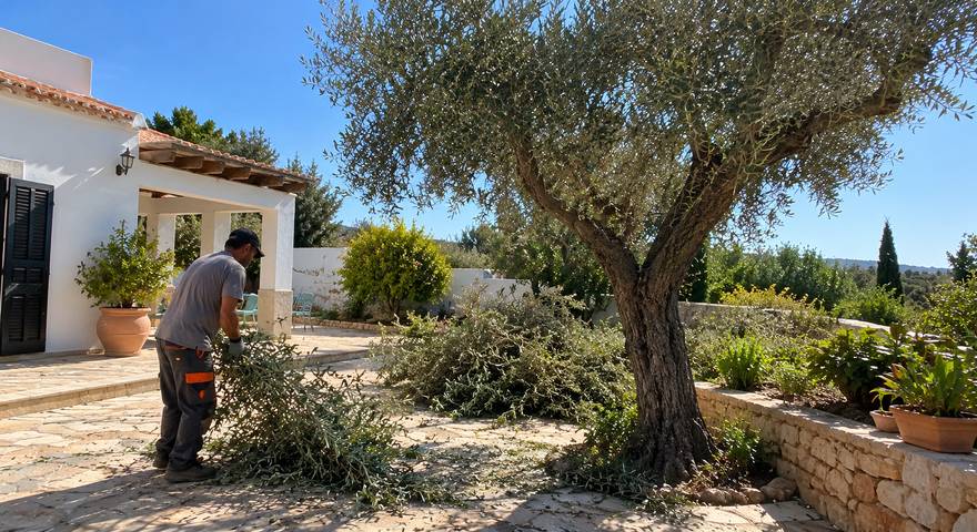 Poda de oliveira num pátio algarvio durante trabalhos de jardinagem